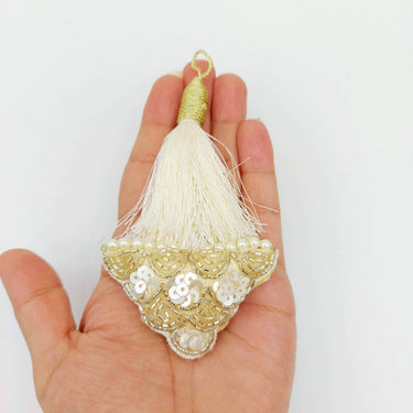 Off White Tassels In Gold and White Bead and Sequins, Indian Latkans, Blouse Latkan